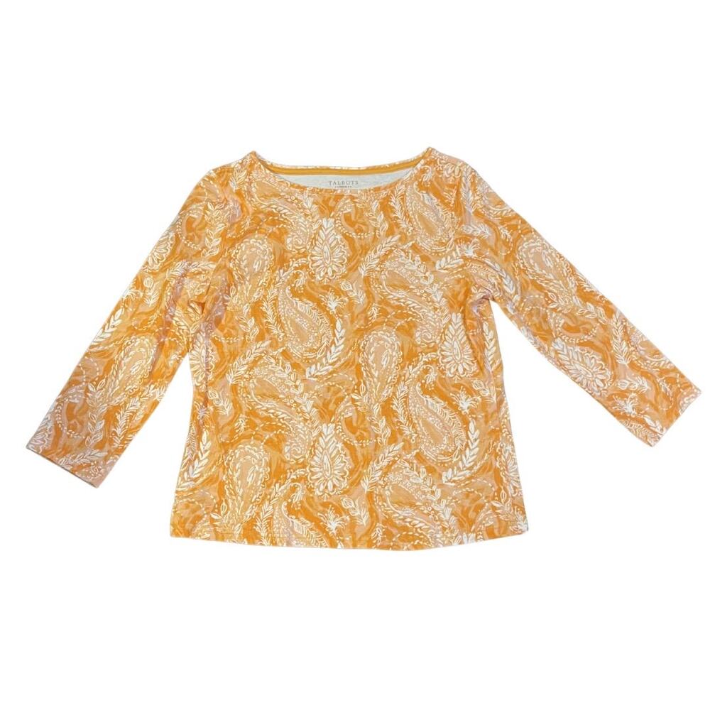 Talbots Orange Bateau Neck Paisley Top Petite Medium Artsy Casual Boho Indie